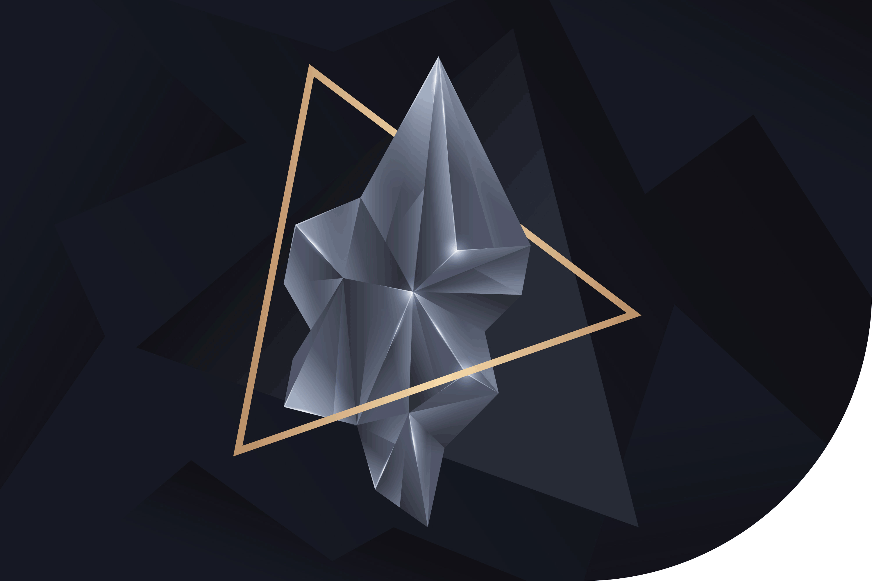 3D geometric art on a dark background featuring a translucent crystal-like structure encased within two intersecting golden triangles.