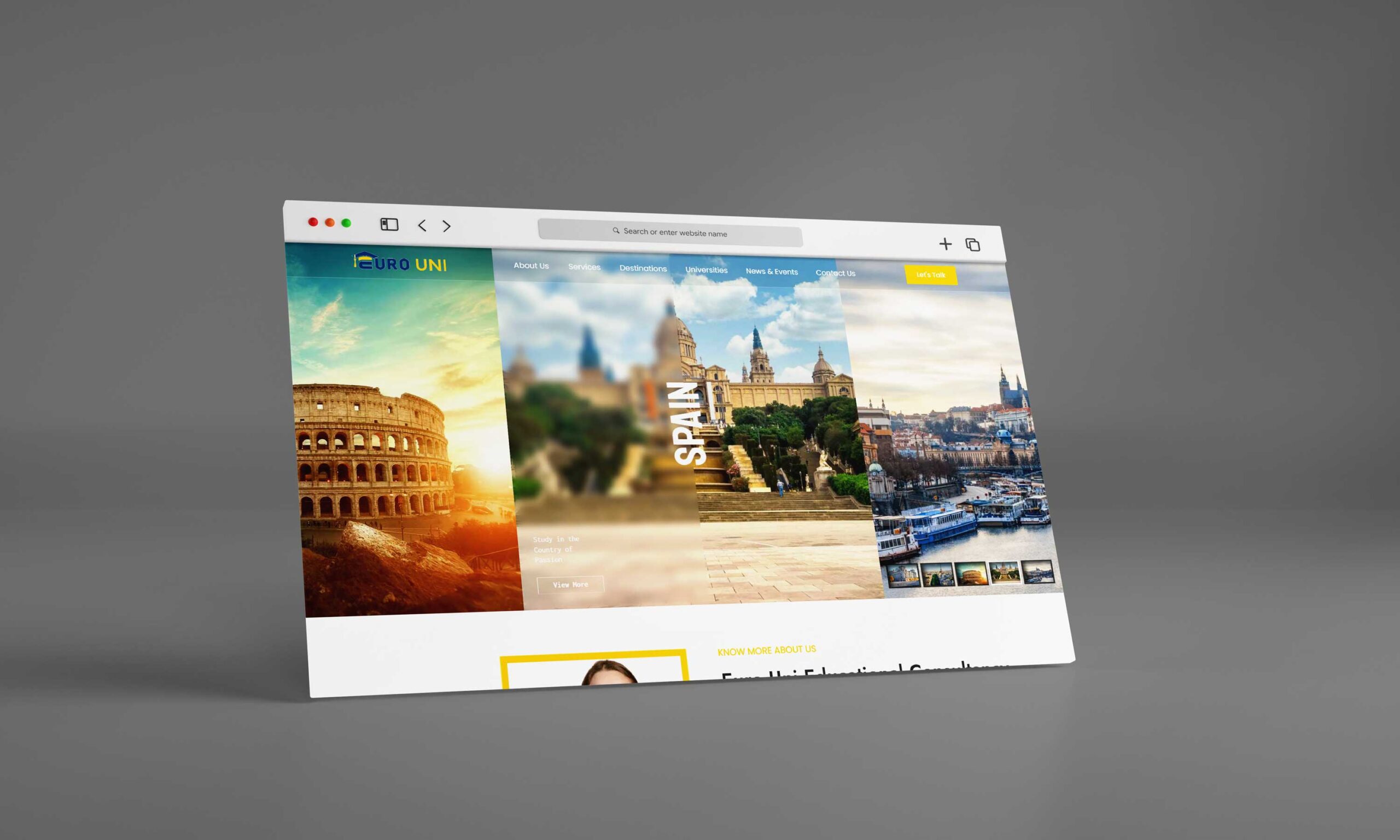 A digital mock-up of a travel website displayed on a monitor. the website features vibrant images of famous landmarks in spain, including the colosseum and cityscapes.
