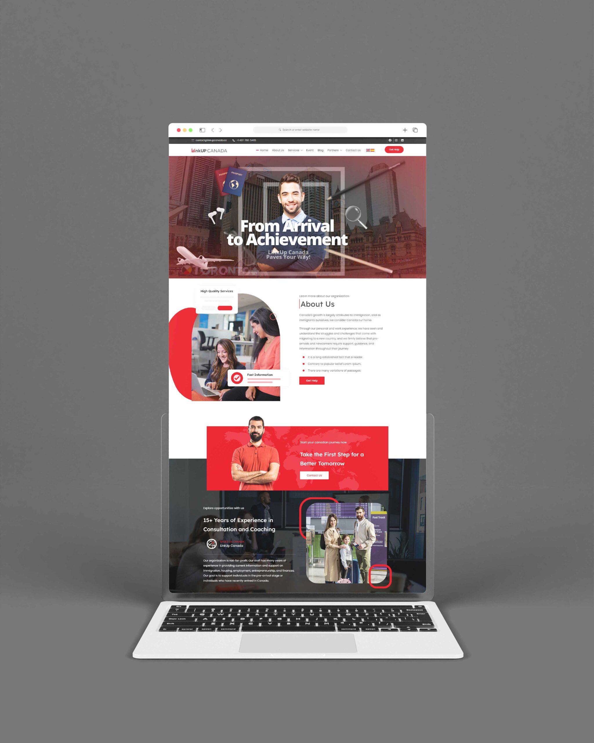 A mockup displaying a website homepage on a laptop screen, featuring sections about company services, team introductions, and client testimonials, predominantly designed in red and white colors.