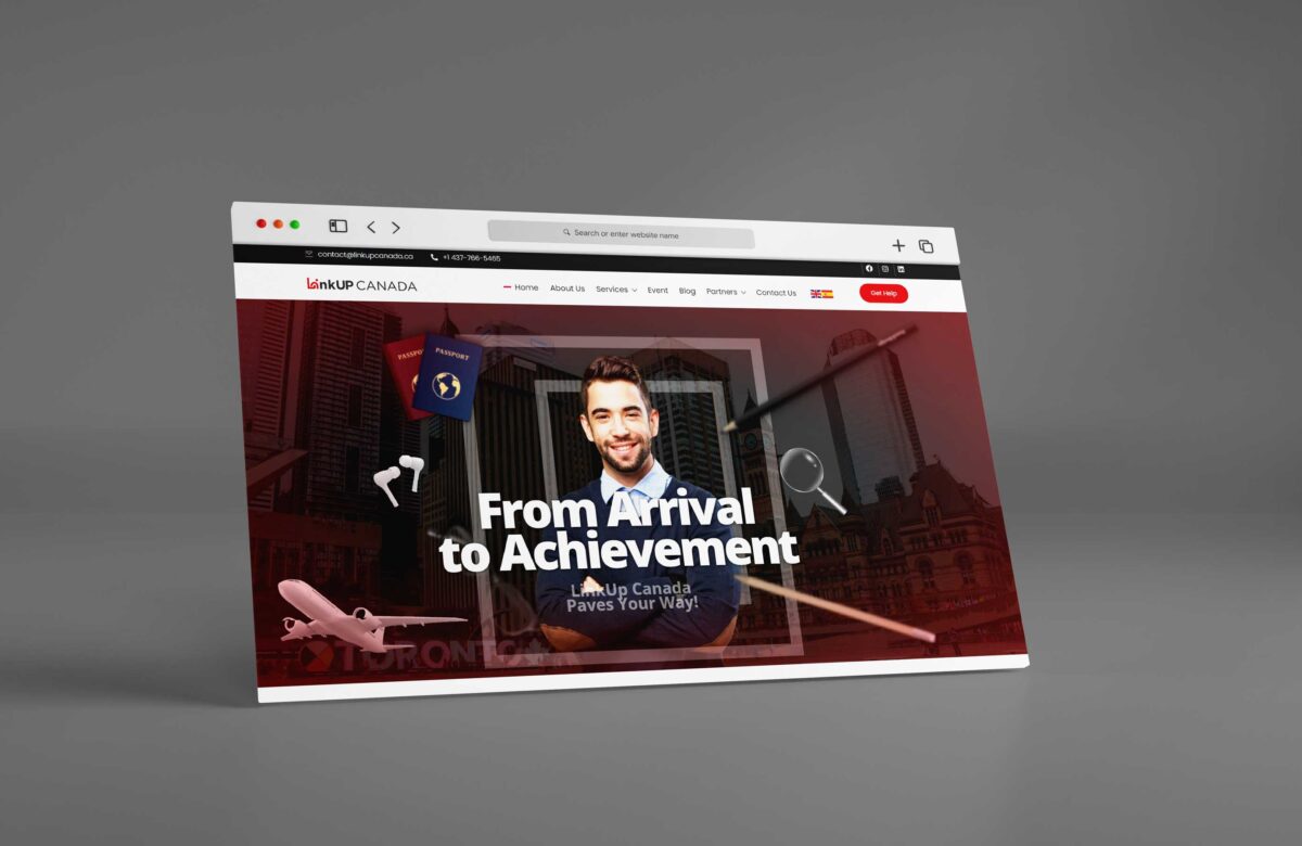 A digital mockup of a website titled "linkup canada" on a laptop screen, displaying a banner with text "from arrival to achievement" and images of a man, airplane, and urban skyline.