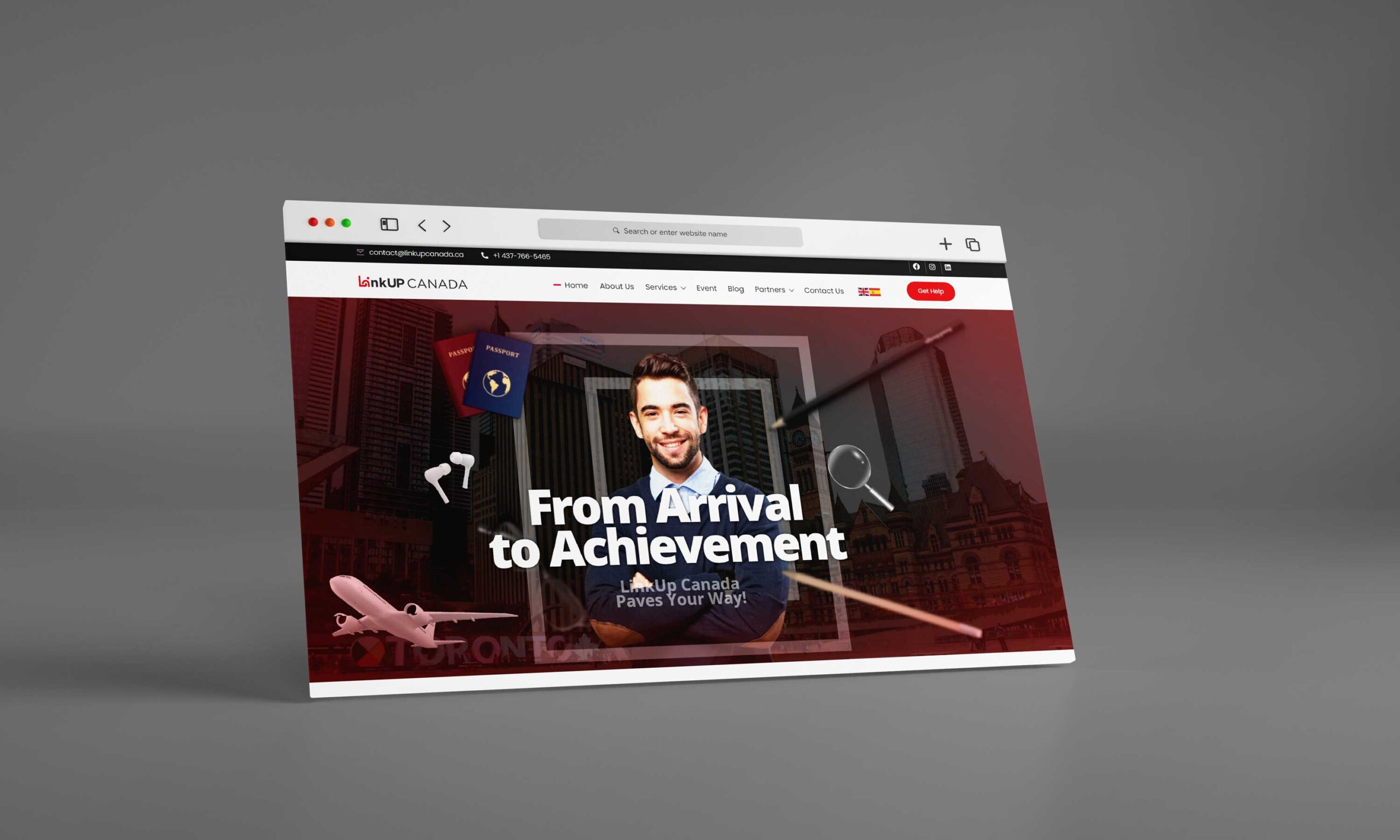 A digital mockup of a website titled "linkup canada" on a laptop screen, displaying a banner with text "from arrival to achievement" and images of a man, airplane, and urban skyline.