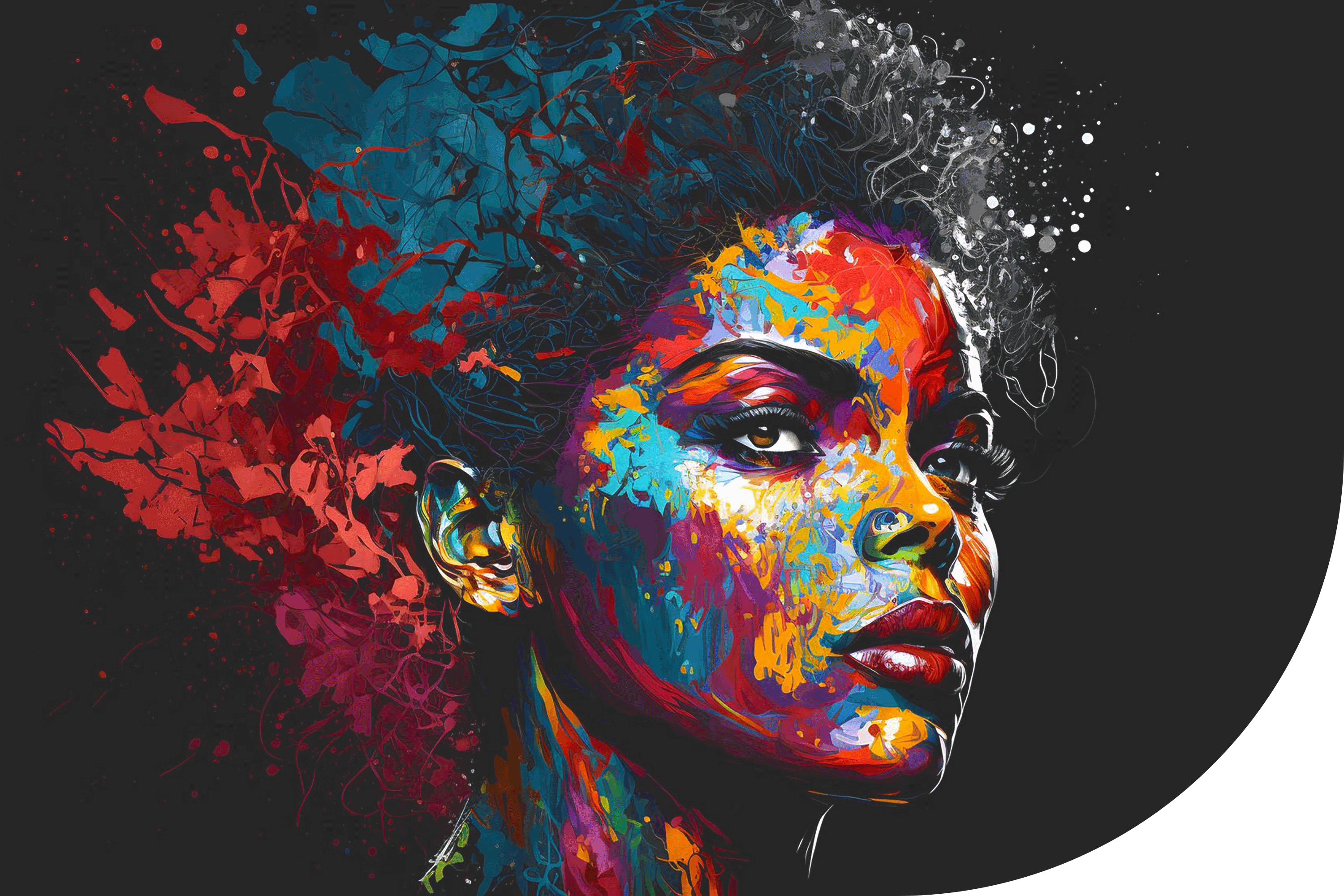 Digital art portrait of a woman with vibrant, multicolored paint splashes blending into her skin and hair against a dark background.