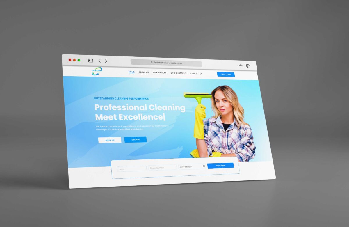 Website showacase of 100% Clean Services website in a mac design screen. The website hero section is shown in the showcase with an image of a young woman with a wiper in her hand and the headline of Professional Cleaning Meet Excellence in the hero section.