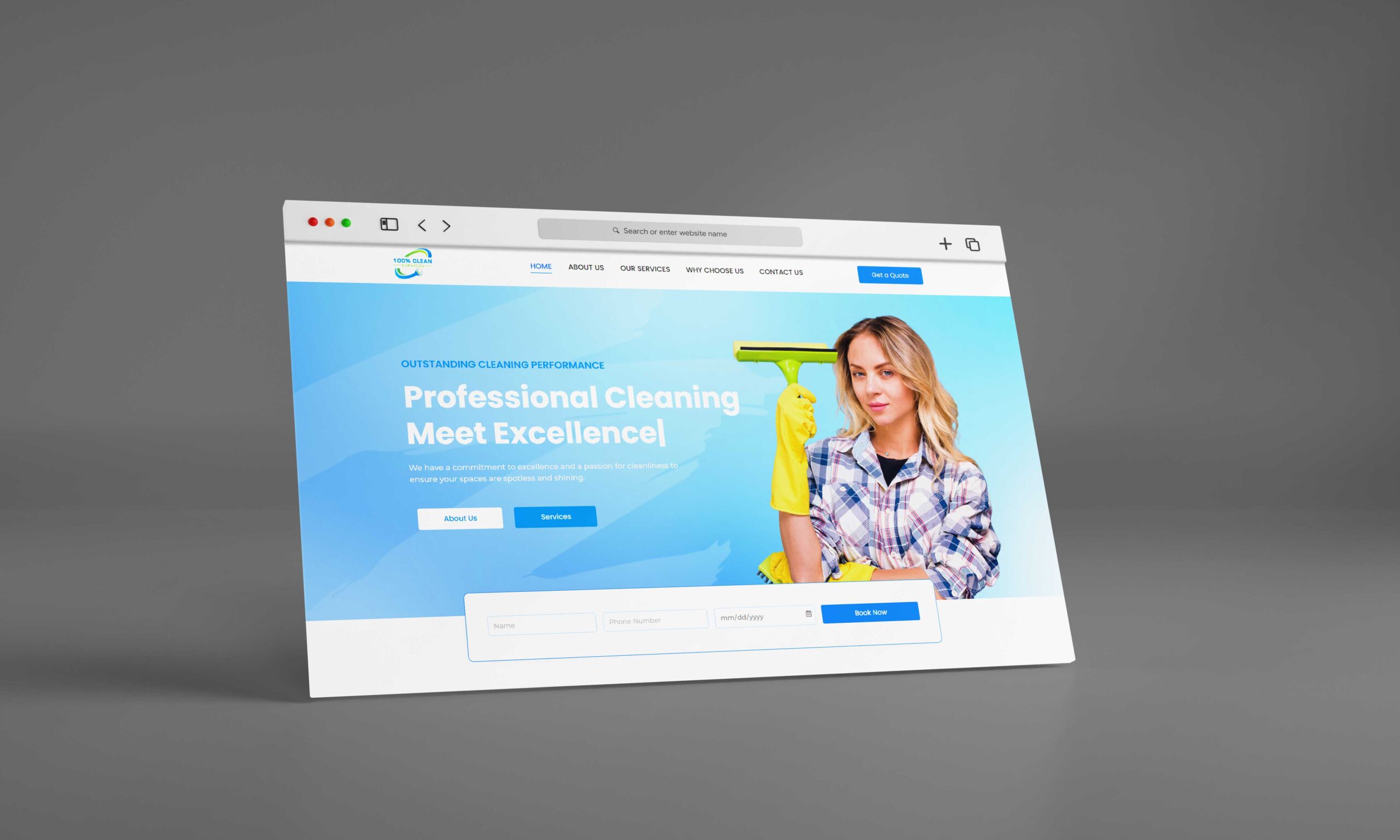 Website showacase of 100% Clean Services website in a mac design screen. The website hero section is shown in the showcase with an image of a young woman with a wiper in her hand and the headline of Professional Cleaning Meet Excellence in the hero section.